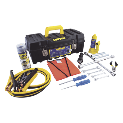 Juego de Herramientas Automotriz / 14 Piezas / Gato 2 Toneladas / Cables Pasacorriente 2.5 m (8.2 ft) / Llaves 8-15 mm / Poncholina 12 oz