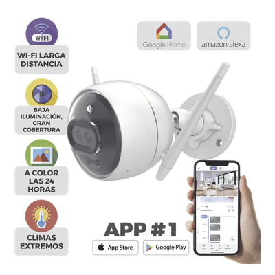Cámara Bala IP / 2 Megapixel / Doble Lente 2.8 mm / 105° / Visión Nocturna a Color / IR 30 m (98.4 ft) / Wi-Fi 2.4 GHz / IP67 / Audio Bidireccional / Sirena y Luz Estroboscópica