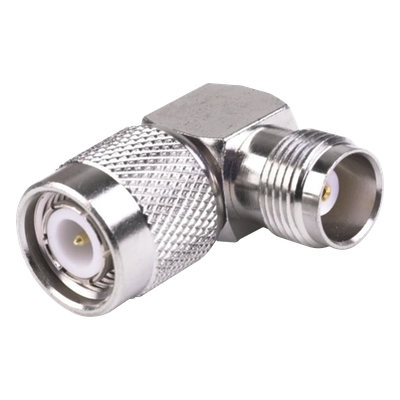 Adaptador Coaxial / TNC Macho a TNC Hembra / Ángulo Recto / Bronce Niquelado / Contacto Oro / Teflón