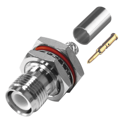 Conector TNC Hembra Inverso / Montaje Trasero Panel D-Plano / Hermético Anillo Plegable / RG-142/U / Níquel-Oro-Teflón