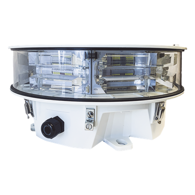 Luz de Obstáculo Aeronáutica / LED FAA Media Intensidad / 20.000 cd Blanco - 2.000 cd Rojo / Infrarrojo 246 mW/sr / Sincronización GPS / Monitoreo SNMP / -40°C a +55°C / 807 pies Infrarrojo