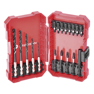 Juego de Puntas y Brocas / 18 Piezas / Entrada Hexagonal 1/4" / PH, Torx, Cuadradas / Brocas 2-6 mm / Estuche Organizador