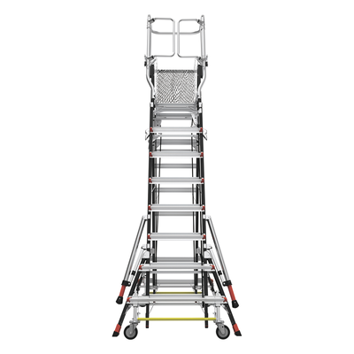 Escalera de Fibra de Vidrio con Jaula / Ajuste de Altura 8' a 14' (2.44 a 4.27 m) / Carga Máxima 170 kg (375 lb) / Nivelación en Ruedas Ratchet™ / Peso 58.5 kg (129 lb)