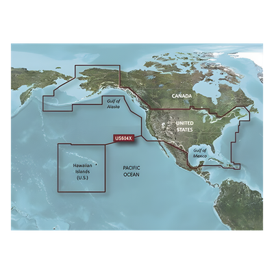 Mapa náutico / Cobertura costera EE.UU., Canadá oeste, Caribe / Contornos 1' / Sombreado 10 rangos / Auto ruta / Datos Garmin y Navionics