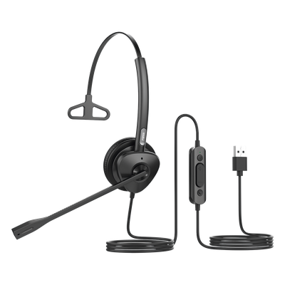 Diadema USB Monoaural / Cancelación de Ruido ENC / Audio HD / Micrófono Dual / Plug-and-Play