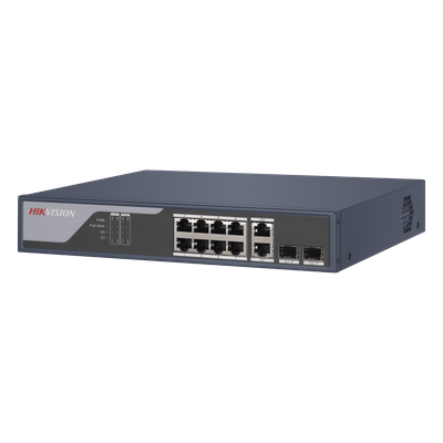 Switch PoE+ / Administrable / Uso en Rack / 8 Puertos 10/100 PoE+ /  2 Puertos 1000 Mbps Uplink  / 2 Puertos SFP / Configuración Nube desde Hik-PartnerPro / Modo Extendido hasta 300 Metros / 125 W