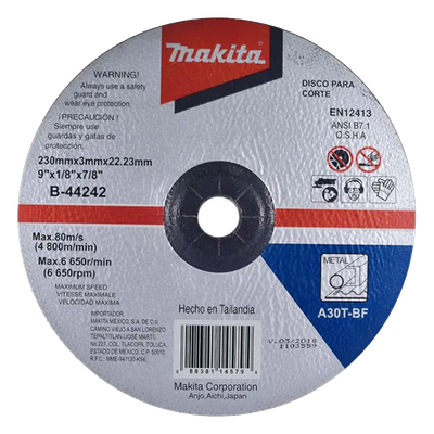Disco de Corte para Metal / 9" (228.6 mm) / Espesor 1/8" (3.175 mm) / Grano de Aluminio Fundido / Eje 22.23 mm / Uso General