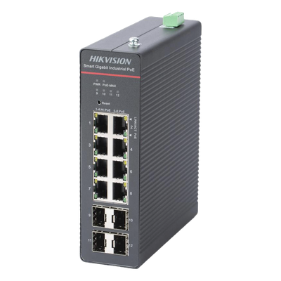 Switch Industrial Administrable PoE+ / 8 Puertos Gigabit PoE+ (4x90W + 4x30W) / 4 Puertos SFP / 300W Total / 300 m Alcance / -40°C a 75°C / 984 pies de Distancia
