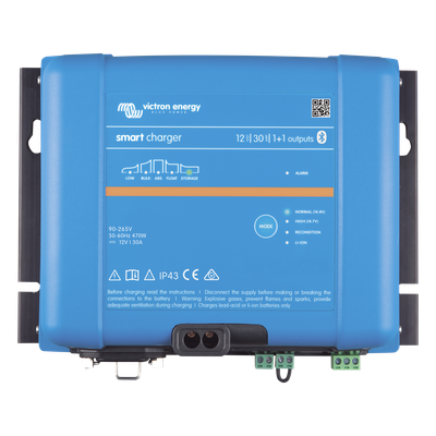 Cargador de Baterías / 12V 30A / IP43/IP22 / Bluetooth / 6 Etapas / 2 Salidas 1+1 / Plomo y Litio / 98.4 ft Uso Marino y Terrestre