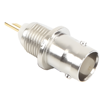 Conector BNC Hembra / Montaje Frontal D-Plano / Soldable / Níquel-Oro-Delrin / 4 Posiciones