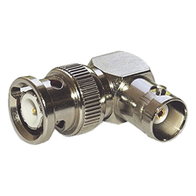 Adaptador Coaxial / BNC Macho a BNC Hembra / Ángulo Recto / 75 Ohm / Níquel-Oro-Teflón