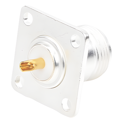 Conector RF N Hembra / Montaje Frontal en Panel / 4 Perforaciones 18 mm / Cuerpo Bronce Plateado / Contacto Oro / Aislante Teflón