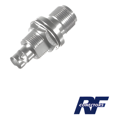 Adaptador RF / N Hembra a BNC Hembra / Montaje Chasis Doble D Plano / Bronce Niquelado / Contacto Oro / Aislante Teflón