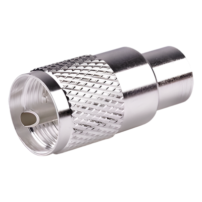 Conector Coaxial UHF Macho / PL-259 / Ensamble Roscado-Soldable / Para Cables RG-8/U, RG-213, RG-214, LMR-400, Belden 9913 / Cuerpo Bronce Plateado / Concha Níquelada