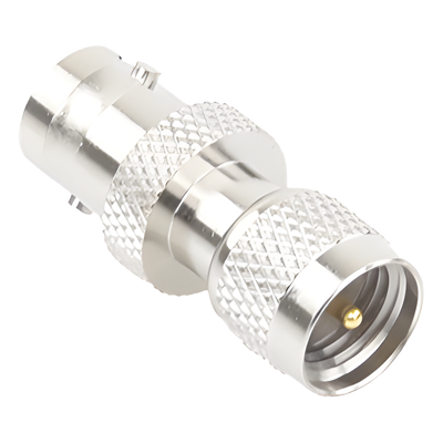 Adaptador de Conector / Mini UHF Macho a BNC Hembra / Montaje en Línea / Cuerpo Bronce Niquelado / Contacto Oro / Aislante Teflón