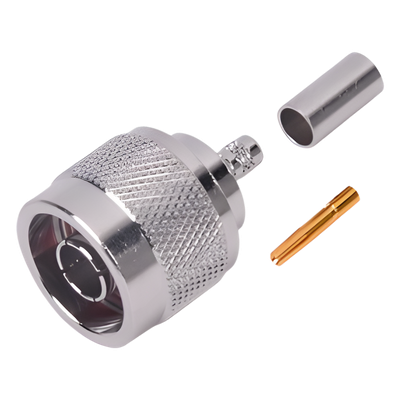 Conector N Macho Inverso / Anillo Plegable / Cuerpo Bronce Niquelado / Contacto Oro / Teflón / RG-58/U, RG-142/U