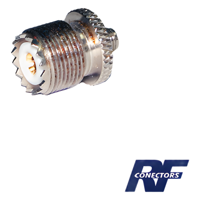 Adaptador RF / Conector SMA Hembra a UHF Hembra (SO-239) / Cuerpo Bronce Niquelado / Contacto Oro / Aislante Teflón / Montaje en Línea