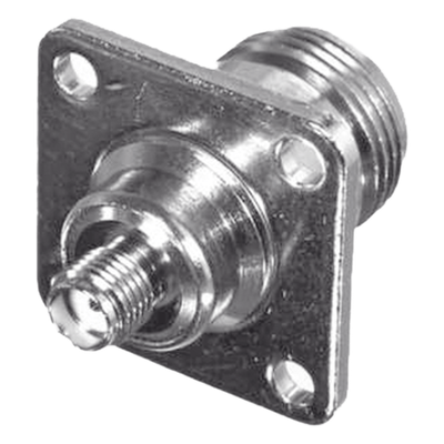 Adaptador Coaxial en Línea para Panel / SMA Hembra a N Hembra / Montaje Frontal y Trasero / 18 mm entre Centros / Níquel y Oro