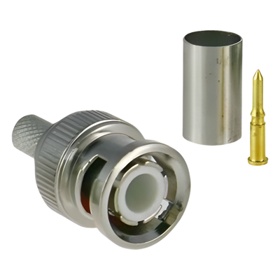 Conector BNC Macho / 75 Ohm / 3 Piezas en Línea / Anillo Plegable / RG-59/U / CCTV / Níquel-Oro-PTFE
