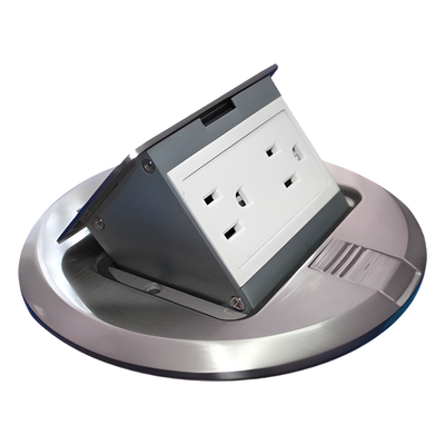 Mini Caja de Piso Redonda / Acero Inoxidable / 2 Contactos / 15 A ANCE / 150x150x70 mm / 0.92 lb / 5.9x5.9x2.8 pulg