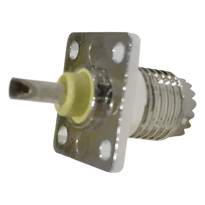 Conector Mini-UHF Hembra / Montaje 4 Perforaciones 13 mm (0.51 in) / Cuerpo Níquel / Contacto Oro / Aislante Baquelita / Soldable