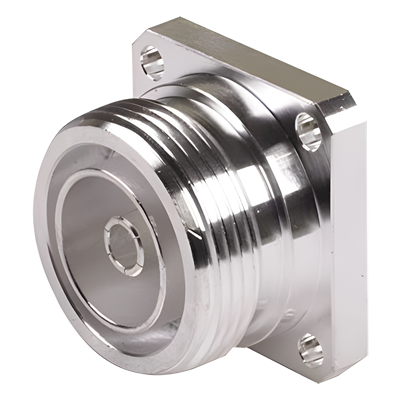 Conector DIN 7-16 Hembra / Flange 4 Hoyos Panel / Copa Soldable / Cuerpo Bronce-Plata / Dieléctrico Teflón