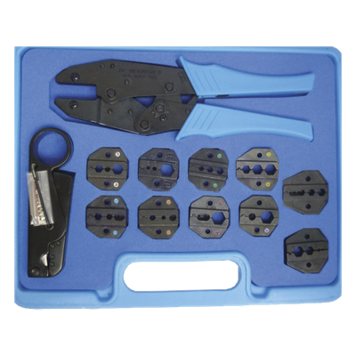 Kit de Herramientas para Conectores Coaxiales / 10 Muelas Intercambiables / Pinzas con Trinquete / Desforradoras Ajustables / Rango 0.042-0.429 in