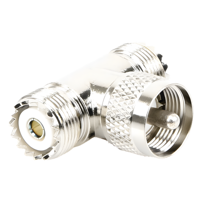 Adaptador RF en T / UHF Macho PL-259 a Doble UHF Hembra SO-239 / 50 Ohm / Níquel-Plata / Delrin