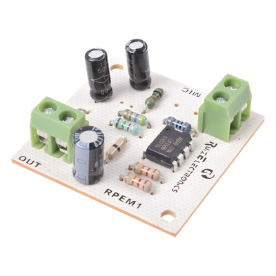 Tarjeta preamplificadora / 3-18 VDC / 30 dB ganancia ajustable / Micrófono electret integrado / Salida por bloque de terminales