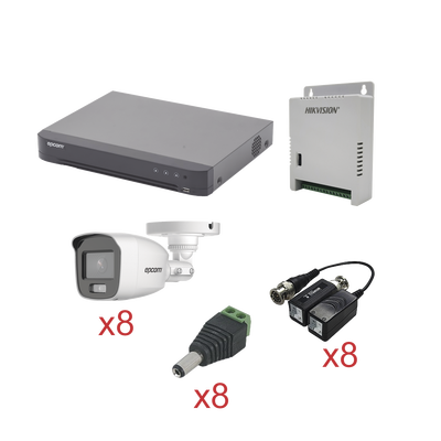Kit TurboHD con Audio / DVR 8 Canales / 8 Cámaras Bala Exterior / 1080p / Luz Blanca 20 m (65.6 ft) / Audio Coaxitron / Fuente Seleccionable