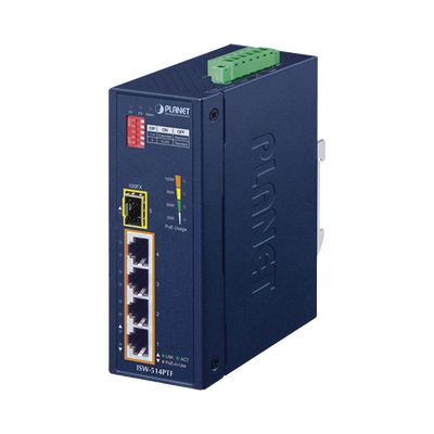 Switch Industrial PoE / 4 Puertos 10/100 Mbps / 1 Puerto 100Base-FX / Rango -40 a 75°C (-40 a 167°F) / IP30 / Conmutación 1 Gbps