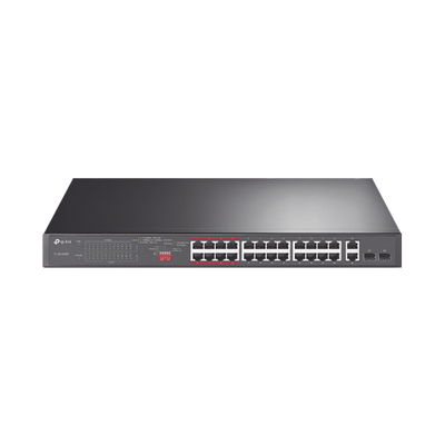 Switch PoE+ / 24 Puertos 10/100 Mbps / 2 Puertos Gigabit Combo / 2 Puertos SFP / Alcance PoE 250 m (820.2 ft) / Presupuesto PoE 250 W