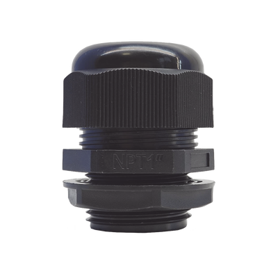 Conector Glándula Plástico / Rosca NPT 1" (25.4 mm) / Rango de Cable 16-22 mm / Color Negro / 7 Dimensiones Precisas