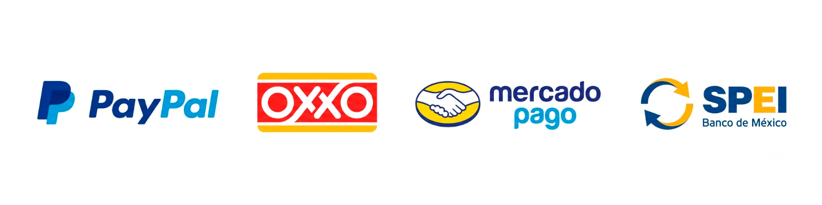 Medios de pago aceptados: PayPal, Mercado Pago, Visa, Mastercard, OXXO y Transferencia SPEI